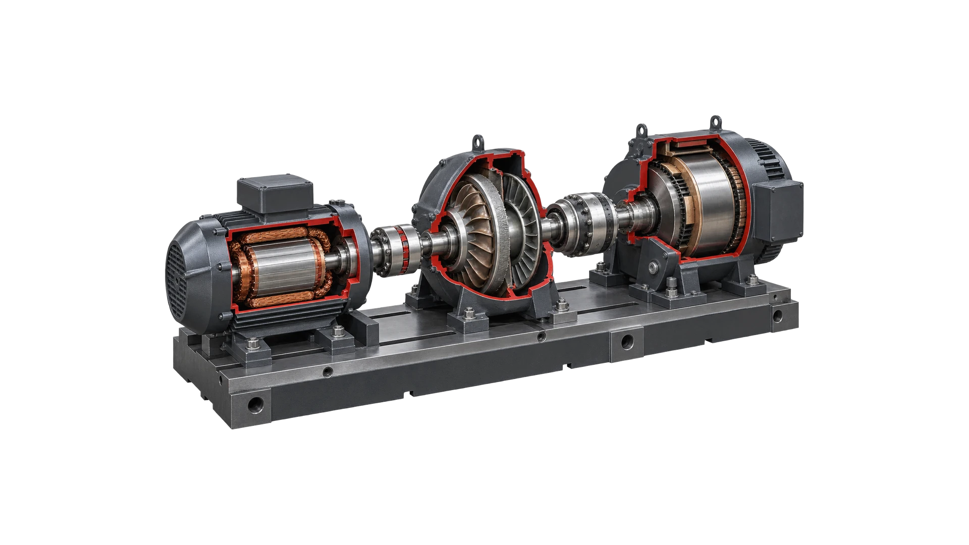 Test bench — motor · torque converter · dynamometer cutaway render