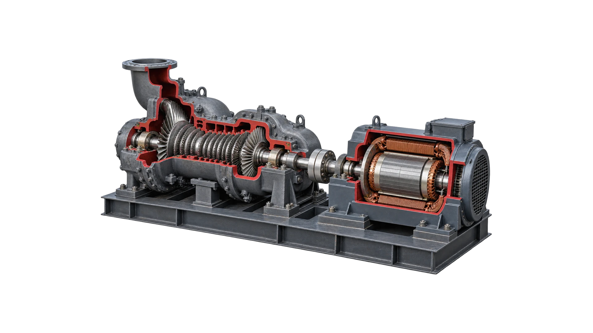 Steam turbine & generator cutaway render