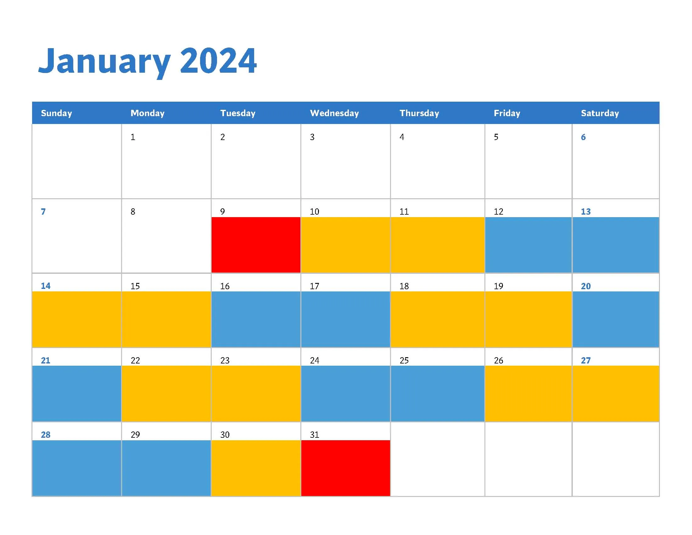 Industrial test calendar: blue days are manual operation, orange days are BrainiAll AI, red days are maintenance