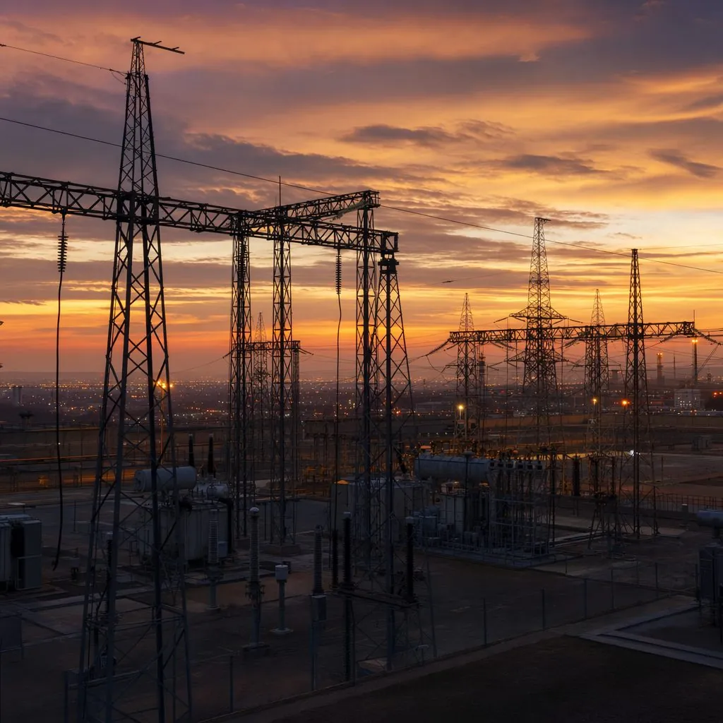 Electrical transmission substation at dusk