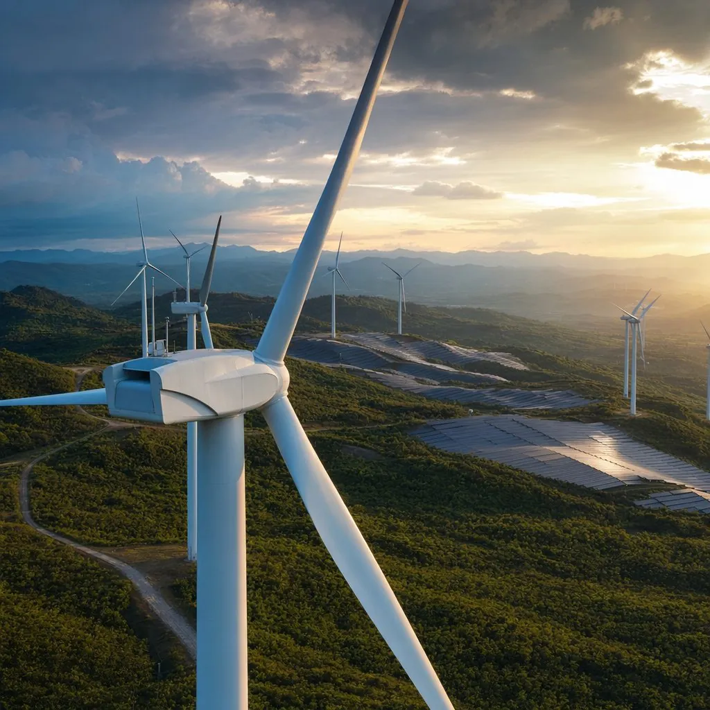 Wind farm and solar arrays at golden hour