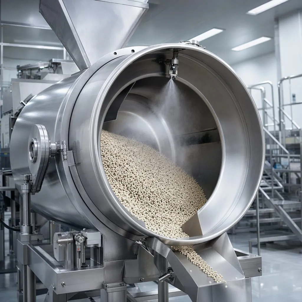 Rotating granulation drum with granule bed