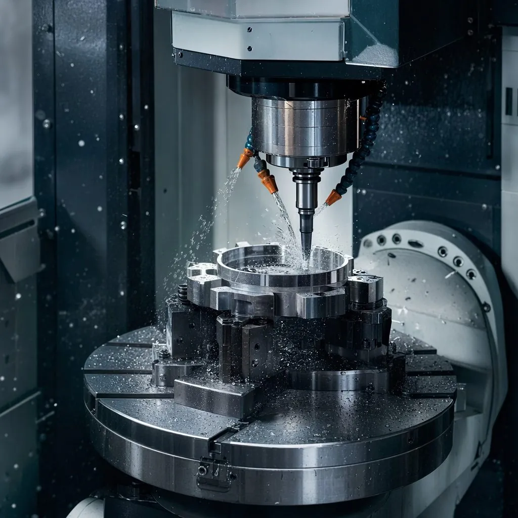 CNC machining center cutting a metal workpiece with coolant spray