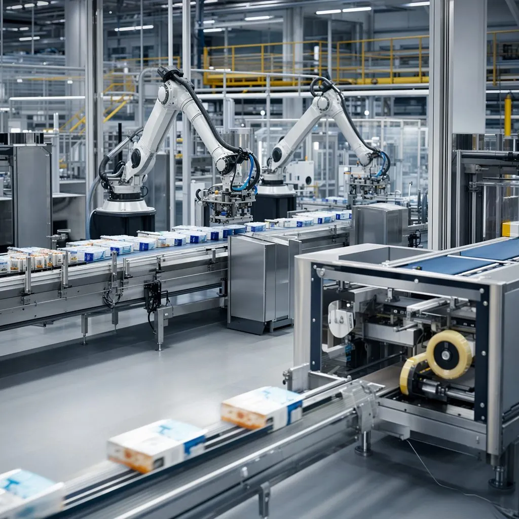 Automated packaging line with robotic arms and conveyor