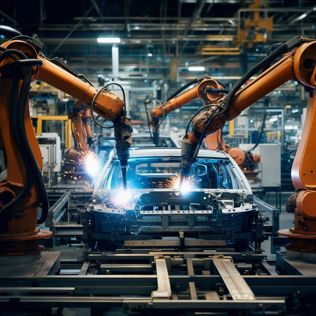 Robotic MIG welding arm with bright arc and sparks