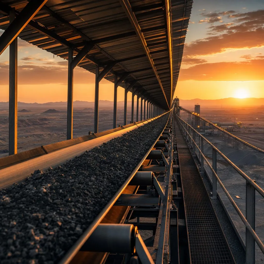 Overland conveyor belt transporting crushed ore