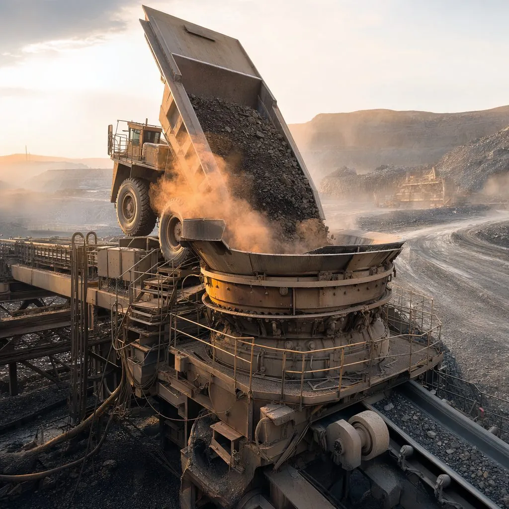 Primary gyratory crusher receiving ore from a haul truck