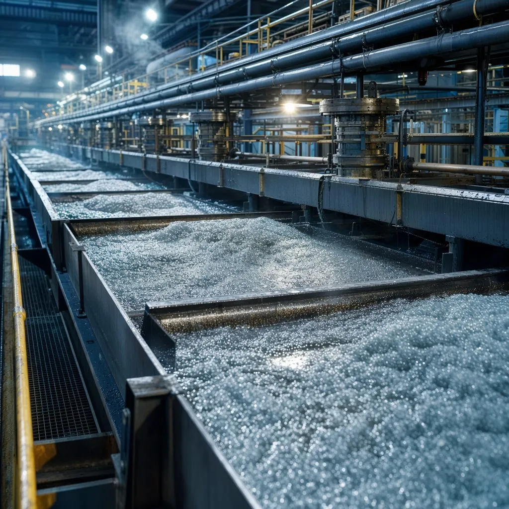 Flotation cells with mineral froth in a copper processing plant