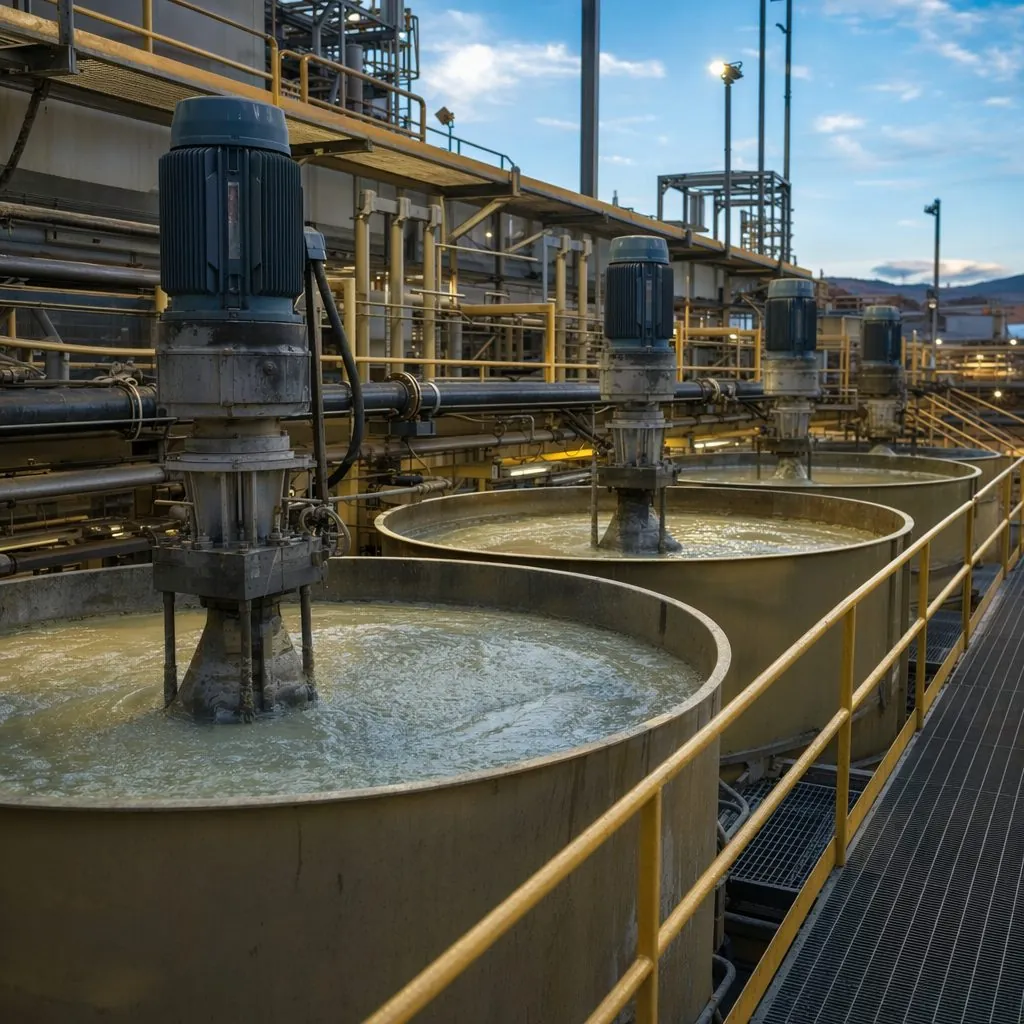 CIL leaching tanks with stirred pulp at a gold processing facility