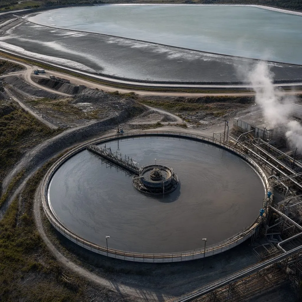 Thickener tank with tailings dam in background
